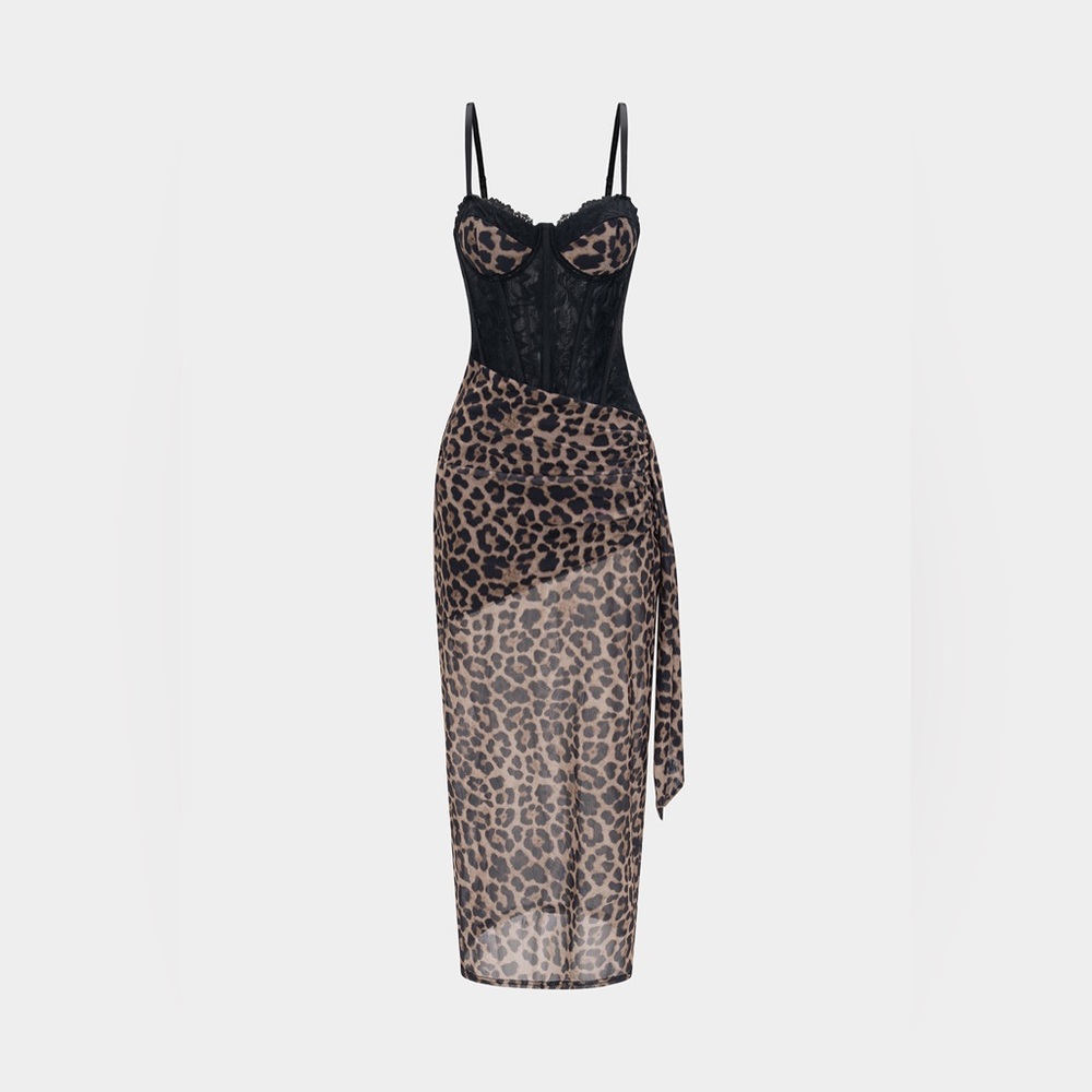 Leopard Print Bustier Lace Slip Sleeveless Maxi Dress L MC5